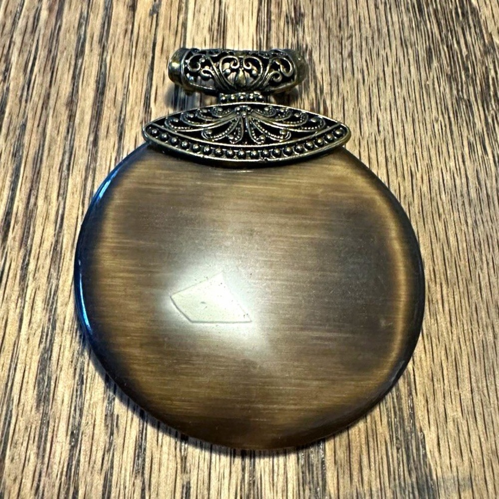 Vintage Bronzetone Filigree Large Round Pendant Brown Tiger Cats Eye Cabochon